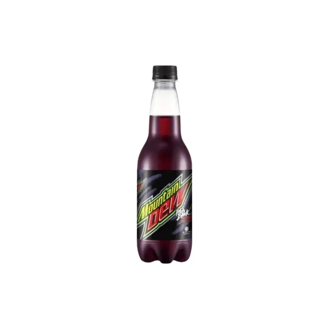 Yum At Hart Mountain Dew Pitch Black grape-flavored soda 473 mL bottle, Malaysia exclusive, with purple and black branding and label.
