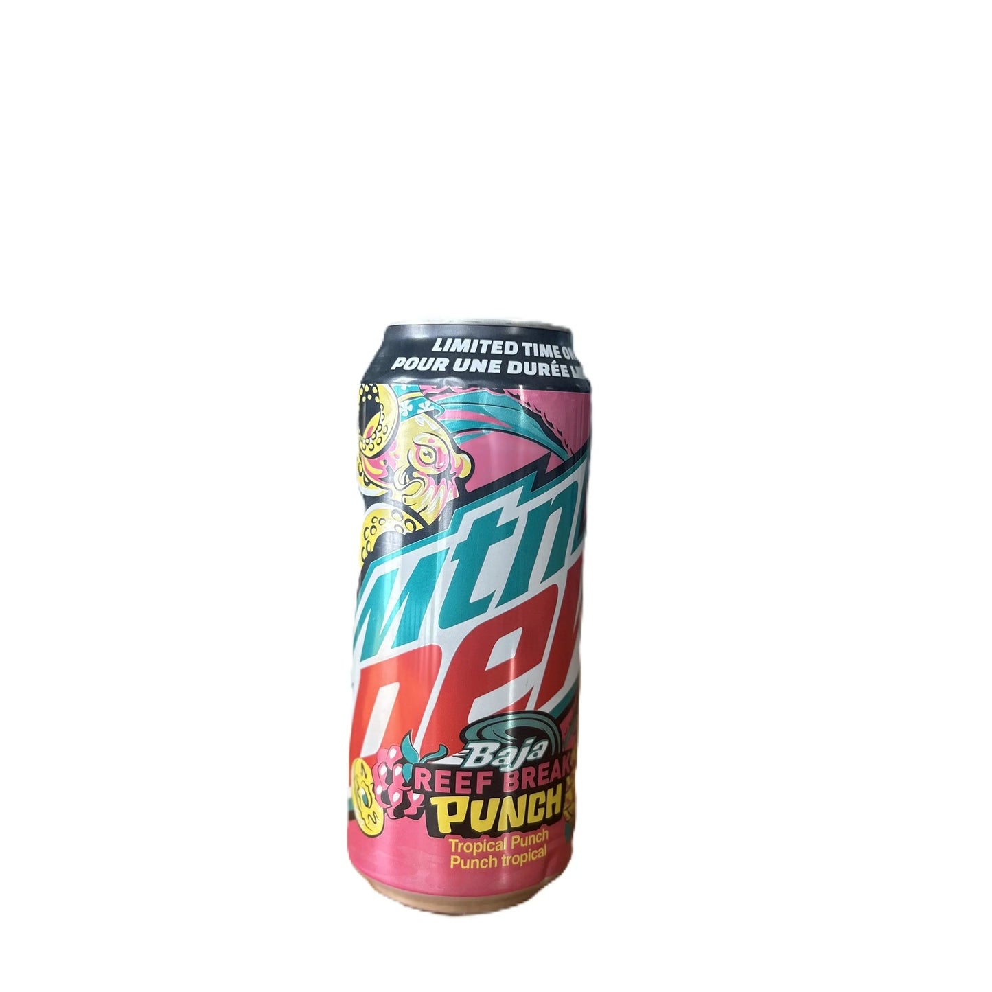 Limited edition Mountain Dew Reef Break Punch tropical soda in a 473mL can by Yum At Hart, featuring colorful tropical design.
