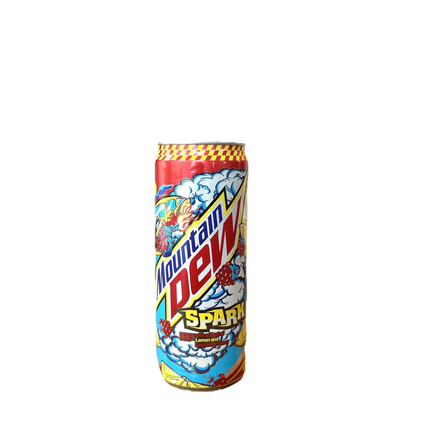 Yum At Hart Mountain Dew Spark raspberry lemonade flavored soda in a 330ml can, showing the colorful label and can design.