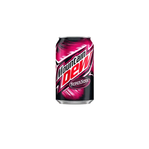 Yum At Hart Mountain Dew Supernova raspberry lemon citrus soda in a 330mL can, featuring vibrant can design and branding.