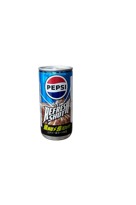 Pepsi Refresh Shot high-caffeine cola blast 200mL can by Yum At Hart, Japanese energy drink with bold branding on the can.
