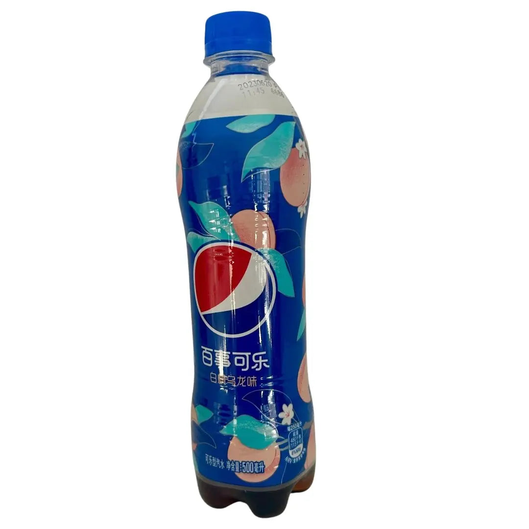 Yum At Hart Pepsi White Peach & Oolong drink in 500mL bottle, featuring peach and oolong tea flavored cola from Taiwan