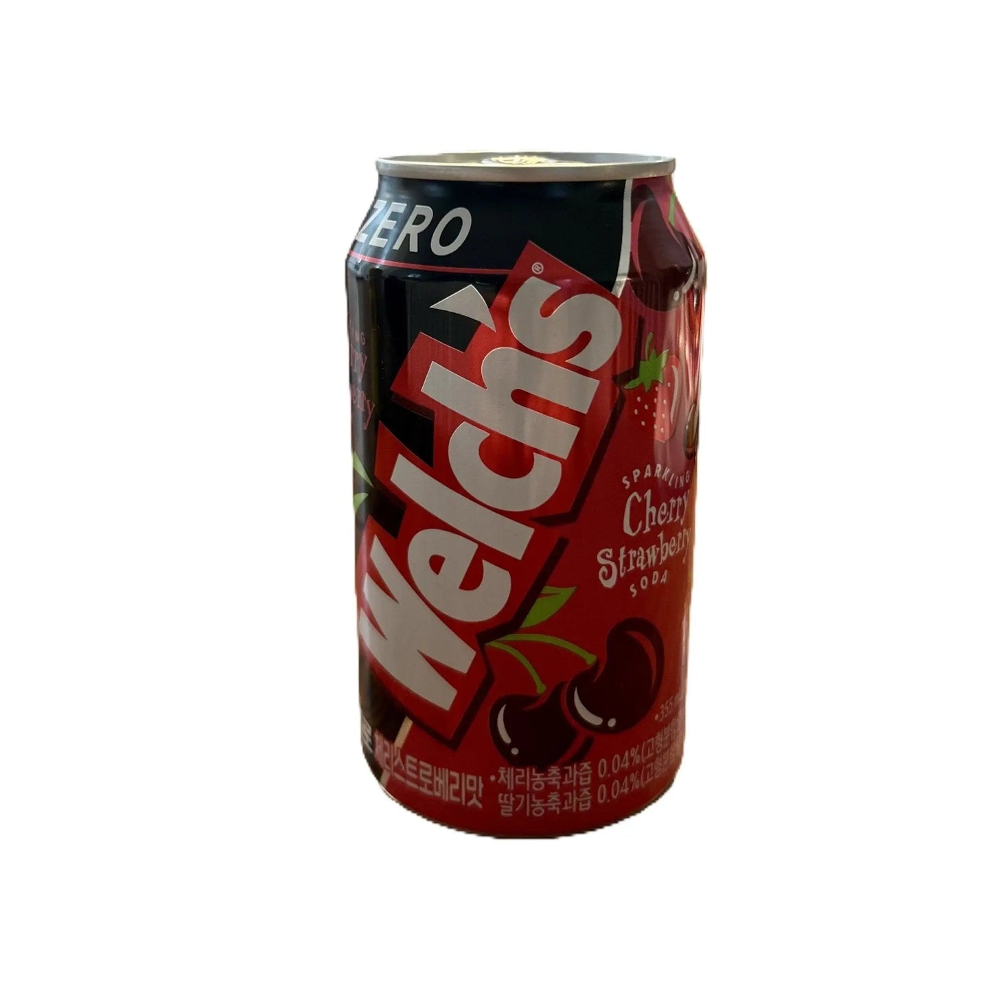 Yum At Hart Welch’s Zero Sugar Cherry Strawberry sparkling drink can, 355ml, featuring a colorful fruity beverage label.